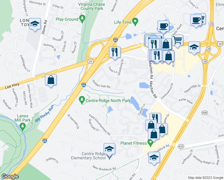 map of restaurants, bars, coffee shops, grocery stores, and more near 14439 Golden Oak Road in Centreville