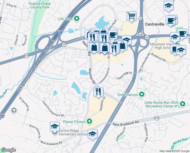 map of restaurants, bars, coffee shops, grocery stores, and more near 14225 Brenham Drive in Centreville