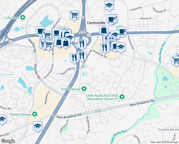 map of restaurants, bars, coffee shops, grocery stores, and more near 14020 Gill Brook Lane in Centreville