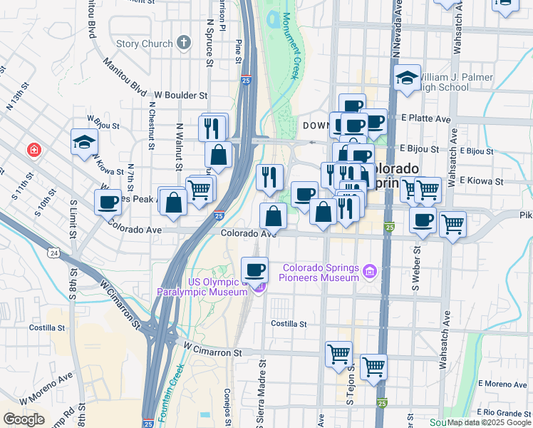 map of restaurants, bars, coffee shops, grocery stores, and more near 50 South Sierra Madre Street in Colorado Springs