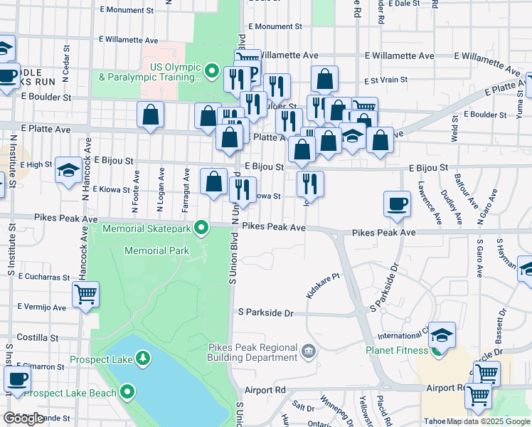 map of restaurants, bars, coffee shops, grocery stores, and more near 17 Bonfoy Avenue in Colorado Springs