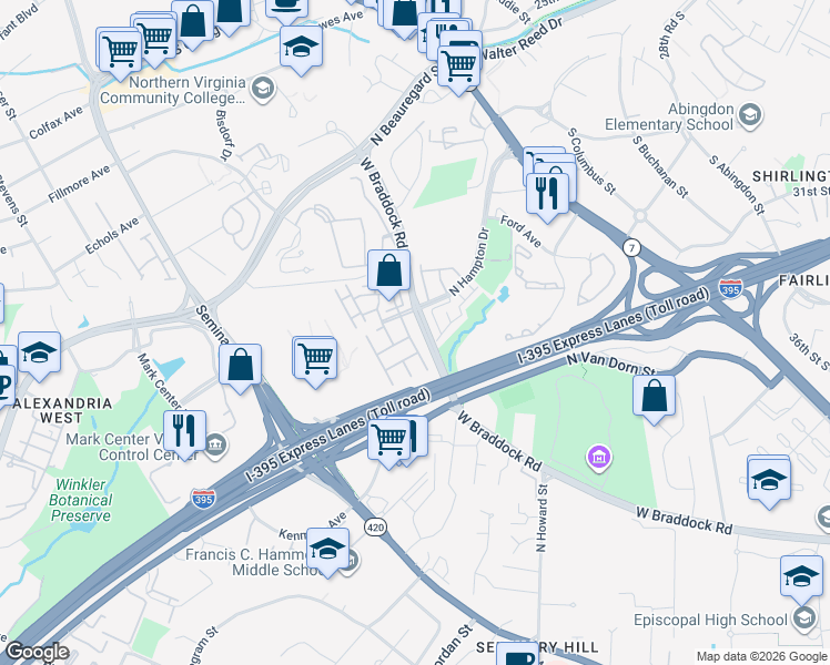 map of restaurants, bars, coffee shops, grocery stores, and more near 4633 Kirkland Place in Alexandria