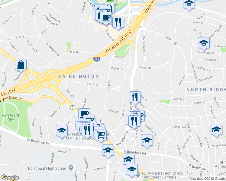 map of restaurants, bars, coffee shops, grocery stores, and more near 4320 34th Street South in Arlington