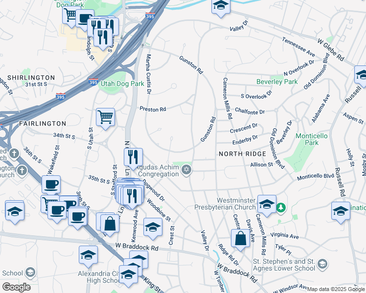 map of restaurants, bars, coffee shops, grocery stores, and more near 3123 Martha Custis Drive in Alexandria