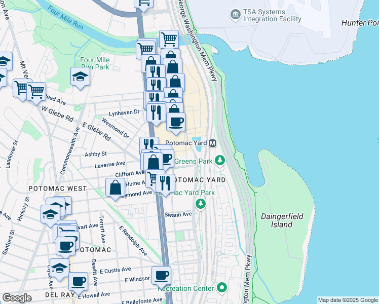 map of restaurants, bars, coffee shops, grocery stores, and more near 3050 Potomac Avenue in Alexandria