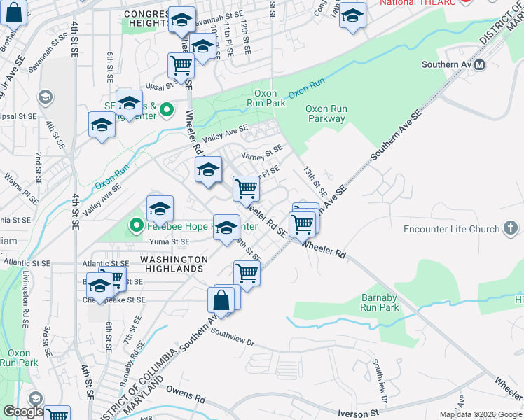 map of restaurants, bars, coffee shops, grocery stores, and more near 1317 Barnaby Terrace Southeast in Washington