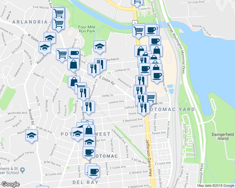 map of restaurants, bars, coffee shops, grocery stores, and more near 312 Ashby Street in Alexandria