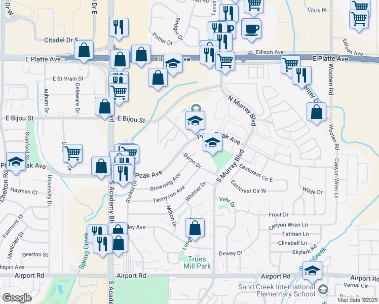 map of restaurants, bars, coffee shops, grocery stores, and more near 4205 East Pikes Peak Avenue in Colorado Springs