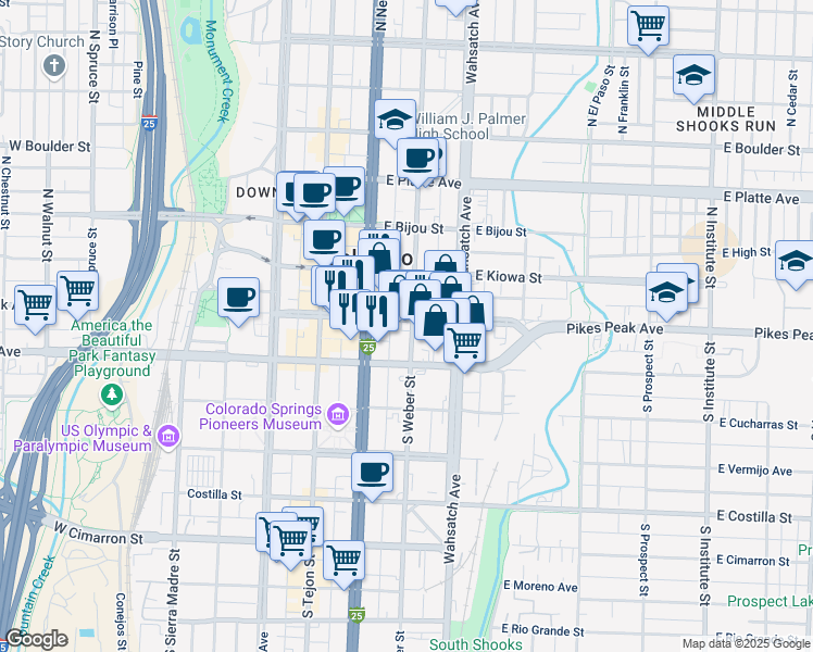 map of restaurants, bars, coffee shops, grocery stores, and more near 229 East Pikes Peak Avenue in Colorado Springs