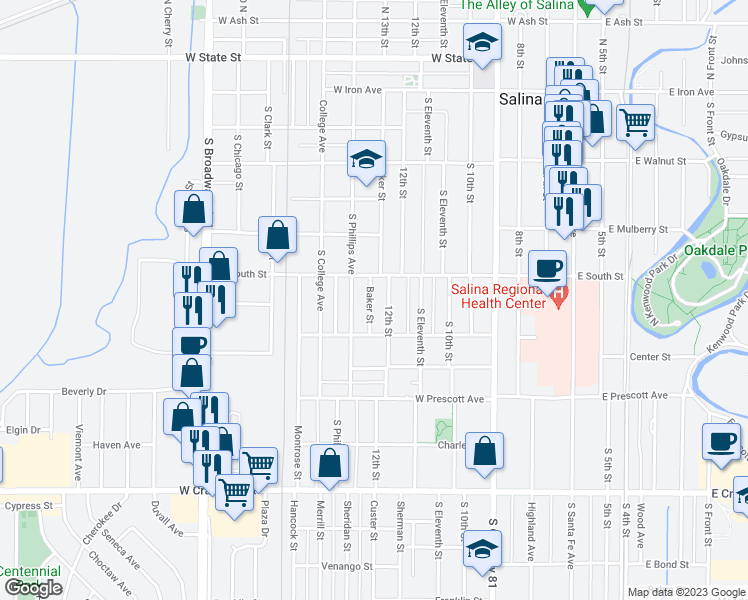 map of restaurants, bars, coffee shops, grocery stores, and more near 423 Baker Street in Salina