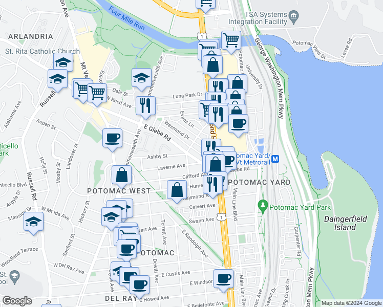 map of restaurants, bars, coffee shops, grocery stores, and more near 302 East Glebe Road in Alexandria