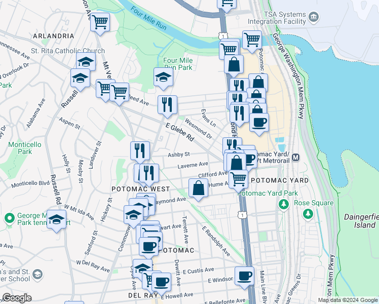 map of restaurants, bars, coffee shops, grocery stores, and more near 306 Ashby Street in Alexandria
