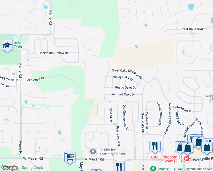 map of restaurants, bars, coffee shops, grocery stores, and more near 337 Rustic Oaks Drive in Wentzville