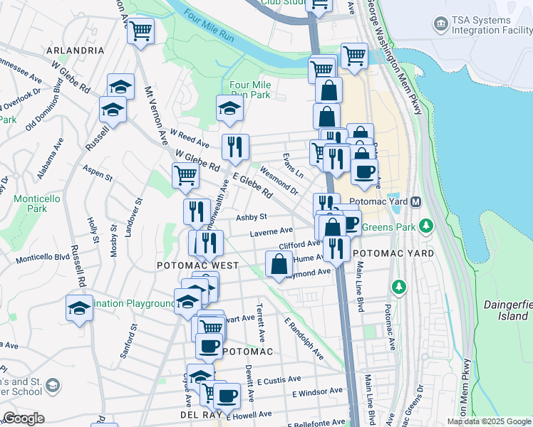 map of restaurants, bars, coffee shops, grocery stores, and more near 306 Ashby Street in Alexandria