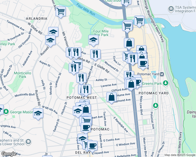 map of restaurants, bars, coffee shops, grocery stores, and more near 2 Auburn Court in Alexandria