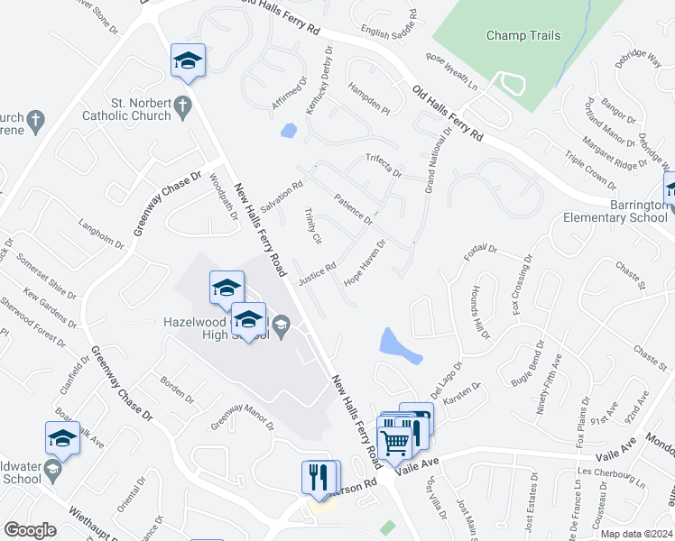 map of restaurants, bars, coffee shops, grocery stores, and more near 960 Mercy Drive in Florissant