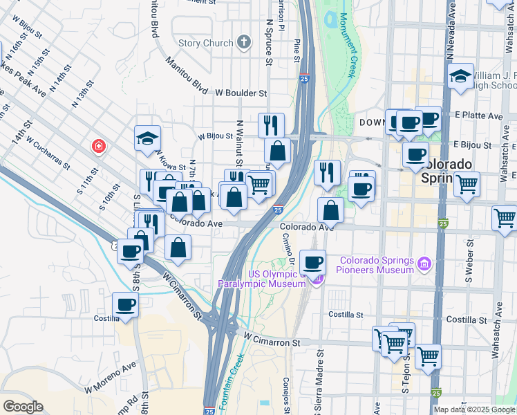 map of restaurants, bars, coffee shops, grocery stores, and more near 11 South Walnut Street in Colorado Springs