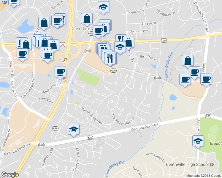 map of restaurants, bars, coffee shops, grocery stores, and more near 13900 Woods Run Court in Centreville