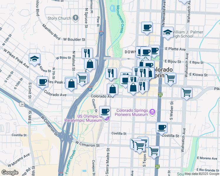 map of restaurants, bars, coffee shops, grocery stores, and more near 50 South Sierra Madre Street in Colorado Springs