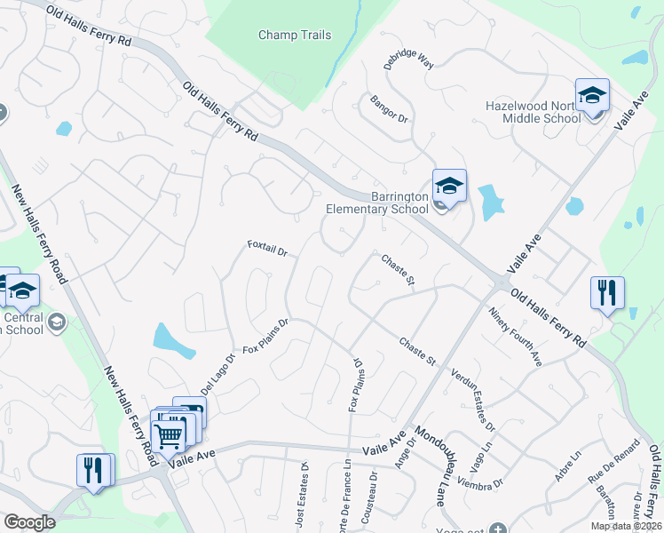 map of restaurants, bars, coffee shops, grocery stores, and more near 4150 Bugle Bend Drive in Florissant