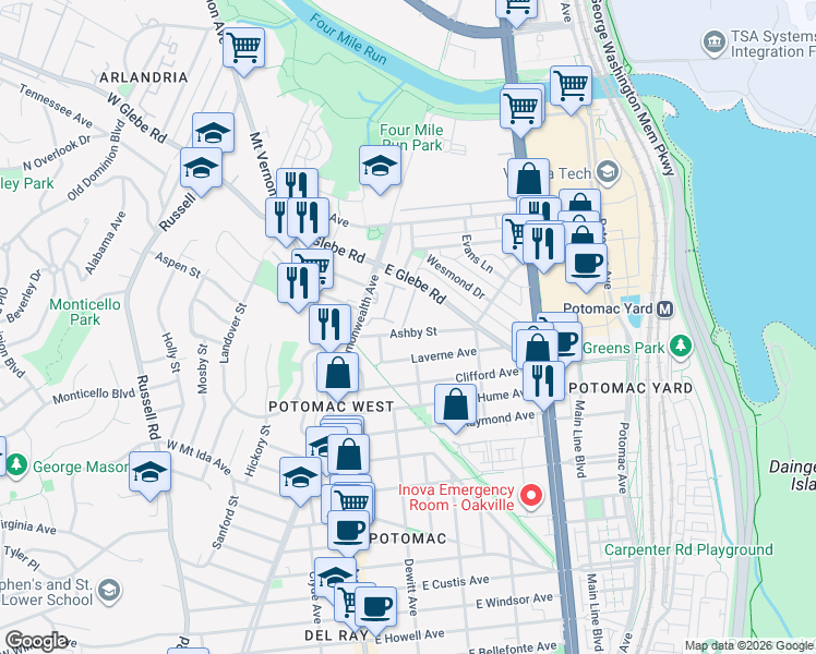 map of restaurants, bars, coffee shops, grocery stores, and more near 1 Vermont Court in Arlington