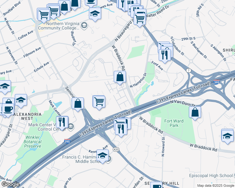 map of restaurants, bars, coffee shops, grocery stores, and more near 4648 Lambert Drive in Alexandria