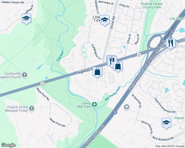 map of restaurants, bars, coffee shops, grocery stores, and more near 14811 Bolton Road in Centreville