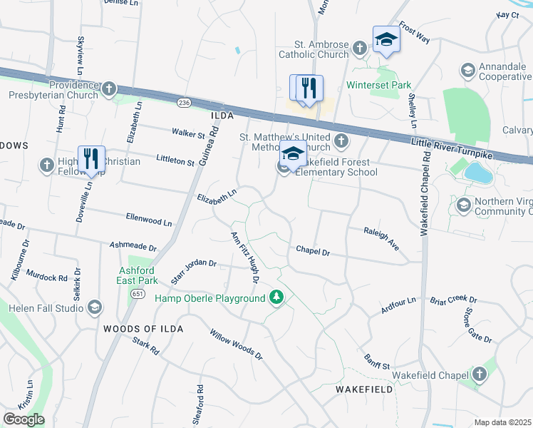 map of restaurants, bars, coffee shops, grocery stores, and more near 4170 Elizabeth Lane in Annandale