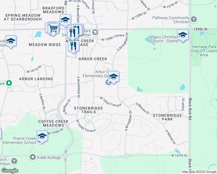 map of restaurants, bars, coffee shops, grocery stores, and more near 16150 South Brougham Drive in Olathe