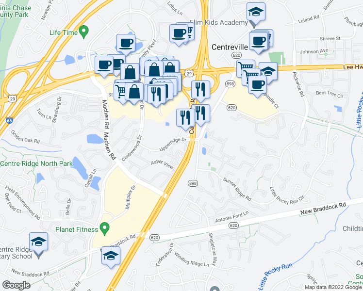 map of restaurants, bars, coffee shops, grocery stores, and more near 14047 Keepers Park in Centreville