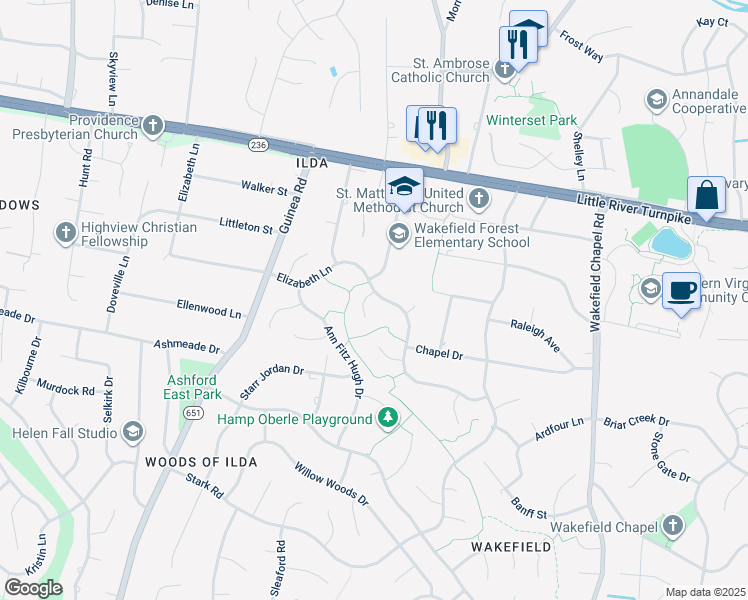 map of restaurants, bars, coffee shops, grocery stores, and more near 4170 Elizabeth Lane in Annandale