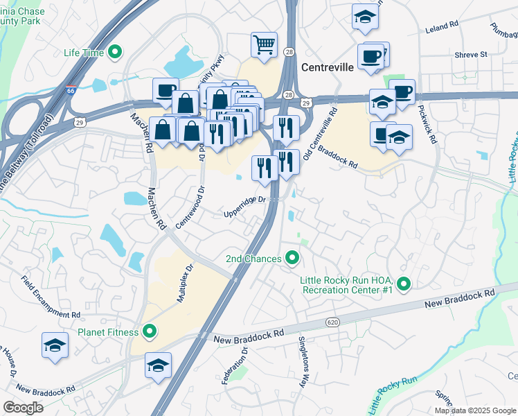 map of restaurants, bars, coffee shops, grocery stores, and more near 14047 Keepers Park in Centreville