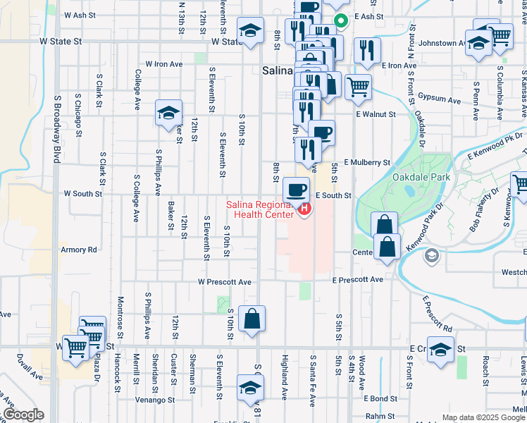 map of restaurants, bars, coffee shops, grocery stores, and more near 421 South 9th Street in Salina