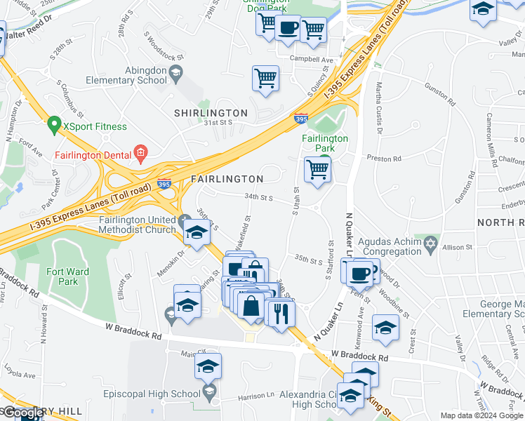 map of restaurants, bars, coffee shops, grocery stores, and more near 3439 South Wakefield Street in Arlington