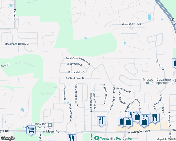 map of restaurants, bars, coffee shops, grocery stores, and more near 308 Rustic Oaks Drive in Wentzville
