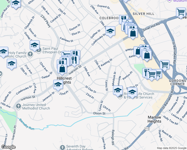 map of restaurants, bars, coffee shops, grocery stores, and more near 4109 24th Place in Temple Hills