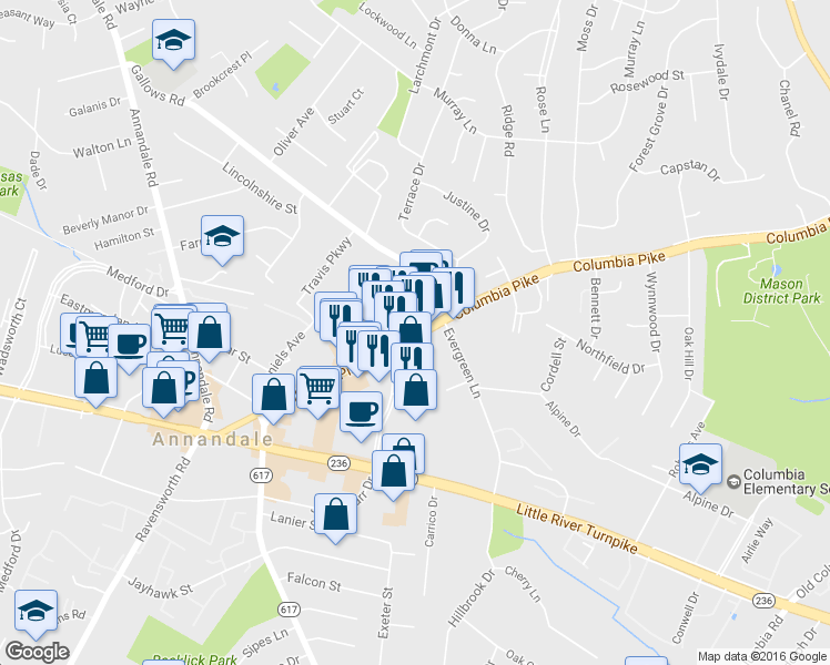map of restaurants, bars, coffee shops, grocery stores, and more near 7042 Columbia Pike in Annandale