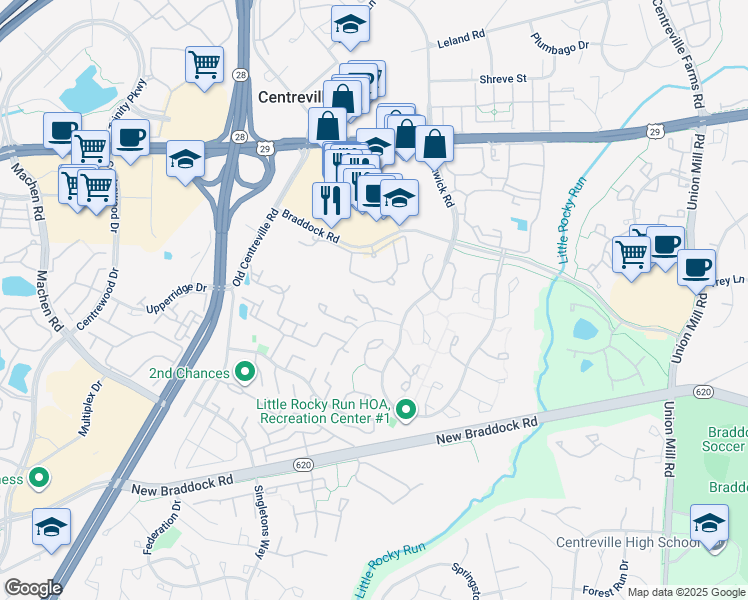 map of restaurants, bars, coffee shops, grocery stores, and more near 13904 Woods Run Court in Centreville