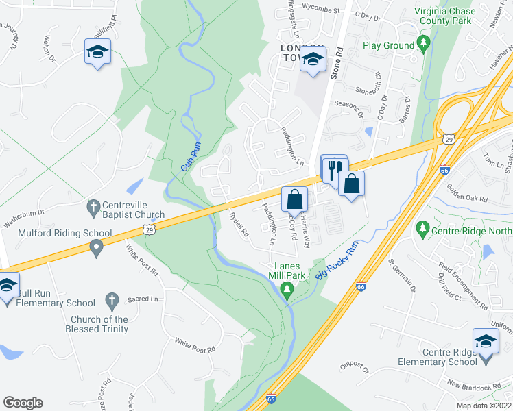 map of restaurants, bars, coffee shops, grocery stores, and more near 14856 Bolton Road in Centreville