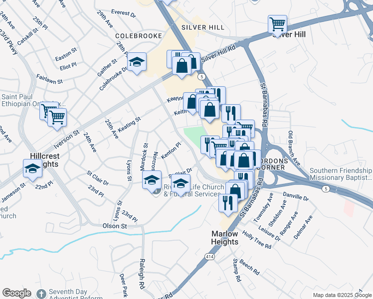 map of restaurants, bars, coffee shops, grocery stores, and more near 4107 28th Avenue in Temple Hills