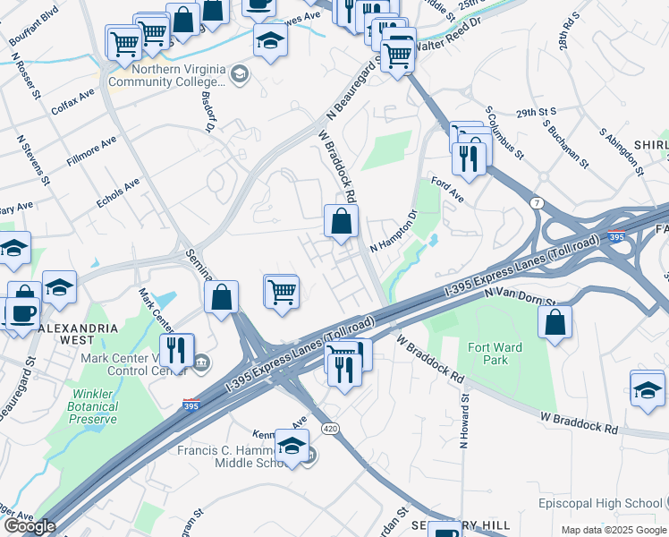 map of restaurants, bars, coffee shops, grocery stores, and more near 4648 Lambert Drive in Alexandria
