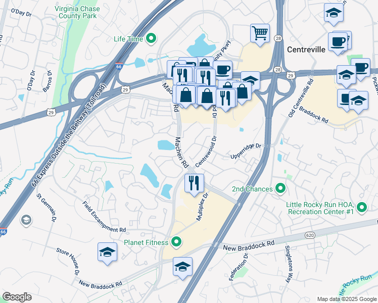 map of restaurants, bars, coffee shops, grocery stores, and more near 14223 Brenham Drive in Centreville