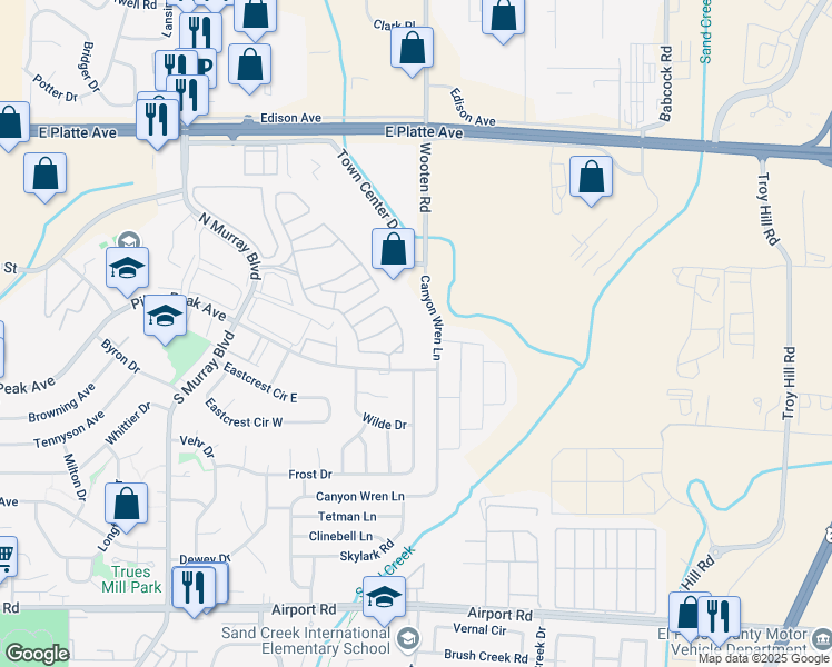 map of restaurants, bars, coffee shops, grocery stores, and more near 70 Wooten Road in Colorado Springs