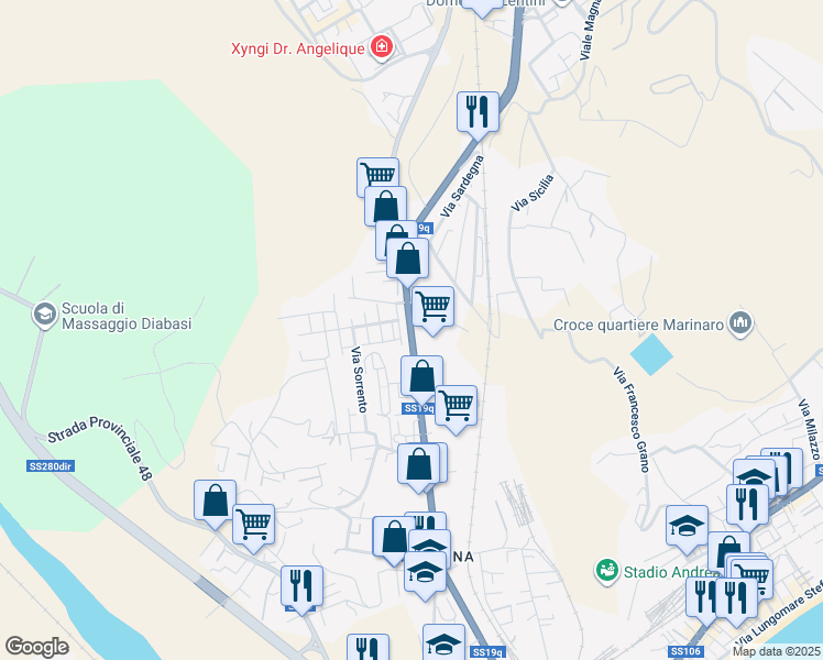 map of restaurants, bars, coffee shops, grocery stores, and more near 10A Via Ancona in Catanzaro