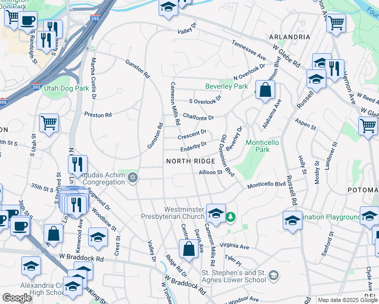map of restaurants, bars, coffee shops, grocery stores, and more near 3109 Cameron Mills Road in Alexandria