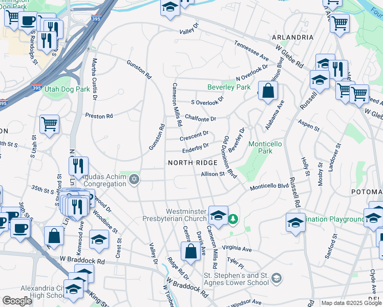 map of restaurants, bars, coffee shops, grocery stores, and more near 3109 Cameron Mills Road in Alexandria