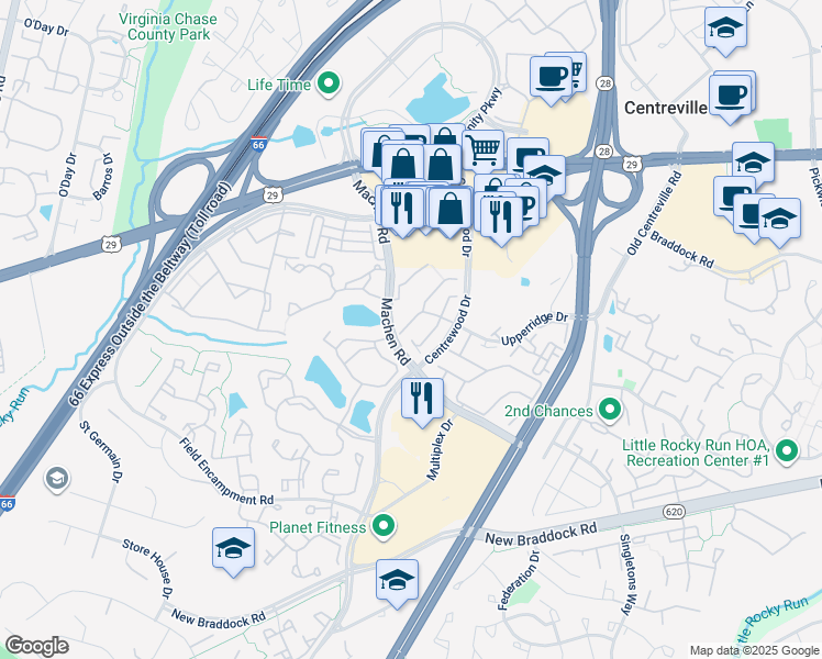 map of restaurants, bars, coffee shops, grocery stores, and more near 14223 Brenham Drive in Centreville