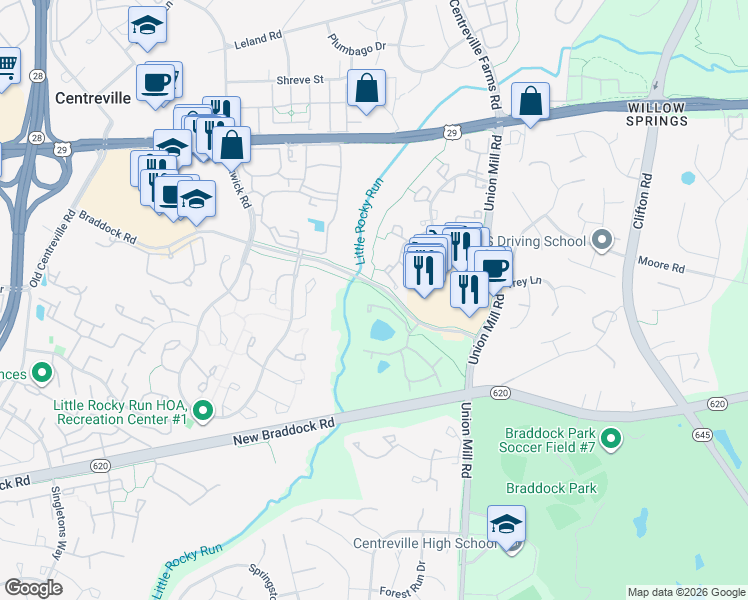 map of restaurants, bars, coffee shops, grocery stores, and more near 5839 Orchard Hill Court in Clifton