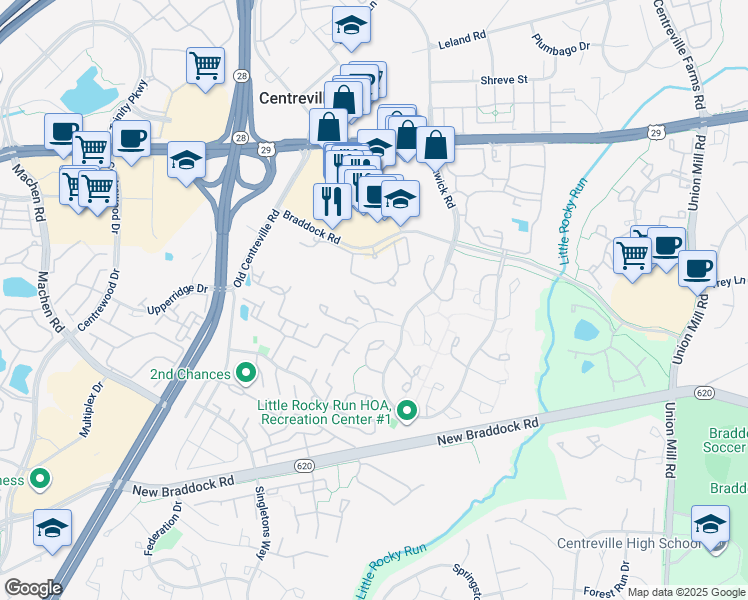 map of restaurants, bars, coffee shops, grocery stores, and more near 13904 Woods Run Court in Centreville