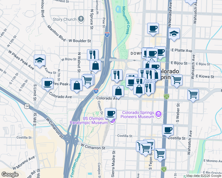 map of restaurants, bars, coffee shops, grocery stores, and more near 50 South Sierra Madre Street in Colorado Springs